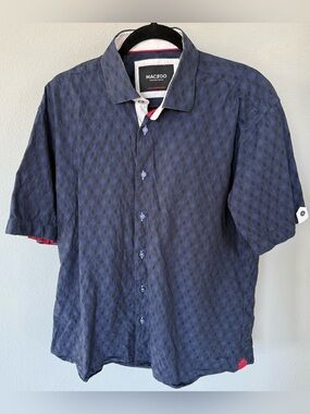 Maczoo Navy Blue Italian Jacquard Short Sleeve Button Shirt • Men’s 5/XL